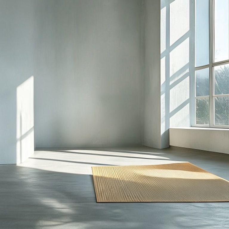 Bright living room with exercise mat and natural light streaming through windows